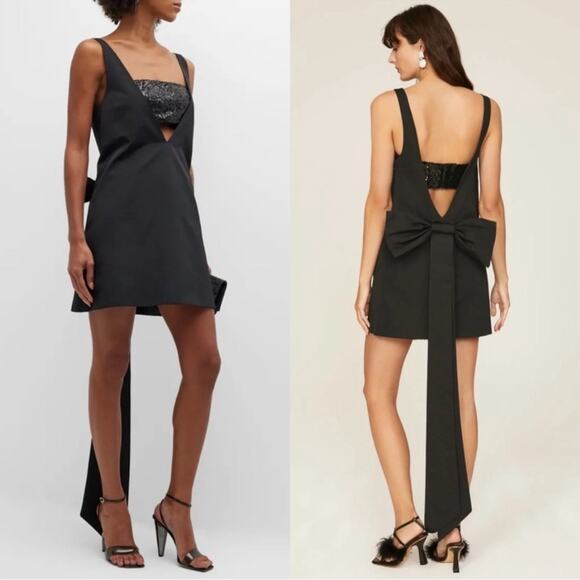 STAUD Irie Plunging V-Neck Oversized Bow Back Mini Dress Size Medium Black - Picture 2 of 6